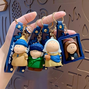 Cartoon famous art painting keychains set including Mona Lisa and Van Gogh for backpacks