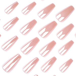 Glossy nude pink almond press-on nails set with aurora coating in long coffin shape