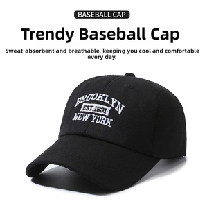 Close-up of white Brooklyn embroidery on a classic black cotton canvas baseball cap