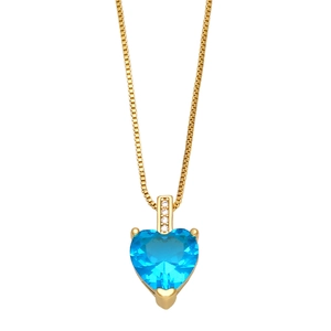 Collier en or élégant avec une pierre précieuse cœur bleu ciel et accents en cristal