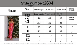 Tableau des tailles détaillé pour robe longue imprimée sans manches avec modèle