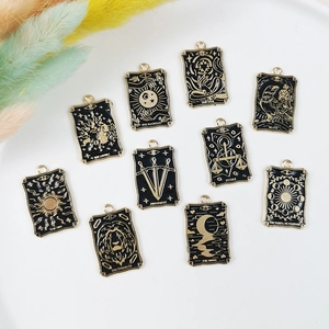 Set of 10 black enamel tarot card pendants with gold frames for DIY jewelry crafts