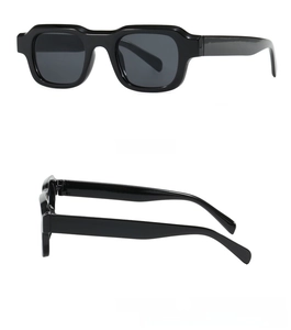 Side and back view of trendy thick black square frame sunglasses with dark lenses