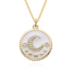 Golden moon and stars pendant necklace with white enamel and rhinestone inlay