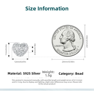 Detailed S925 silver hollow heart charm dimensions of 11x12mm with vine leaf texture