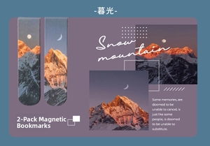 Detail showing two mountain landscape magnetic bookmarks with sunset and moon views