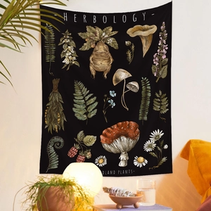 Detail of herbology wall tapestry featuring woodland plants and mushrooms in bedroom