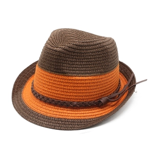 Mens Panama straw hat in brown and orange two-tone design with braided leather band