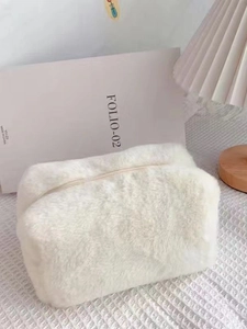 Soft macaron cream white plush cosmetic bag with large capacity storage for women