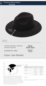 Detailed size chart for vintage jazz hat with 7cm brim and head measurement guide