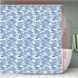 Minimalist white shower curtain with blue watercolor fish pattern, size 180x180 cm