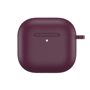 Detail of dark purple silicone case for AirPods 4 showing front LED indicator and side loop