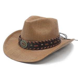 Cappello da cowboy classico in paglia a tesa larga con fascia in pelle e fibbia turchese