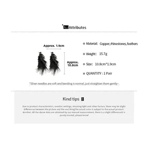 Detailed technical diagram showing 10.8cm black feather tassel earring dimensions and weight