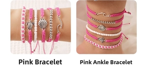 Pink woven turtle and shell bracelet and anklet set for women with adjustable cord