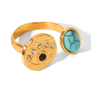 French vintage stainless steel gold ring with turquoise evil eye and crystal accents