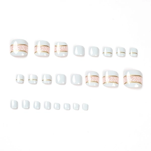 French style press-on toe nails with gold line cloud patterns and soft pink accents