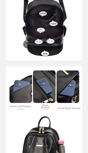 Detailed view of black leather backpack showing 9 storage compartments and interior layout