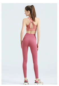 Rückansicht des rosa hoch taillierten Yoga-Sets mit Sport-BH und nahtlosen Leggings