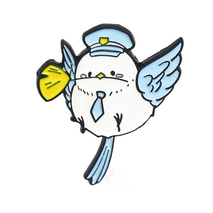 Cute cartoon bird enamel brooch with pilot hat and blue tie for fashion accessories