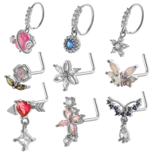 Set of 9 titanium steel nose studs with colorful zircon stones in various shapes