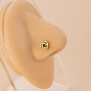 Vintage gold stainless steel L-shaped nose stud with black teardrop zircon stone