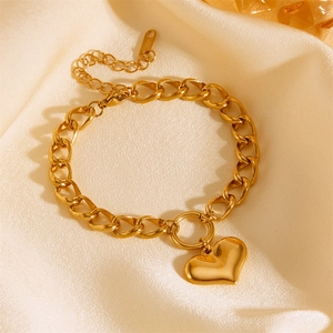 Polished gold stainless steel thick chain bracelet with heart pendant on satin