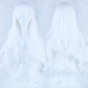 Detail view of long wavy white cosplay wig made of high-temperature synthetic fiber