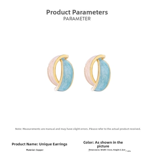 Detailed macro view of pink and blue enamel copper earrings with 1.5cm width and 2.2cm height