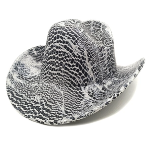 Wide brim western cowboy hat featuring vintage black and white snakeskin embossed texture
