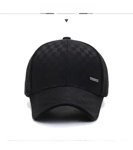 Front view of black baseball cap for middle-aged men with checkered pattern and metal logo