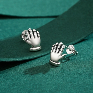 Minimalist S925 sterling silver palm shaped stud earrings with polished metallic finish