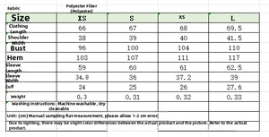 Size chart and fabric details for women's polyester blouse with measurement specifications
