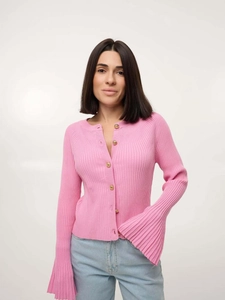 Pink slim-fit ribbed knit cardigan with gold lion head buttons and flared sleeves