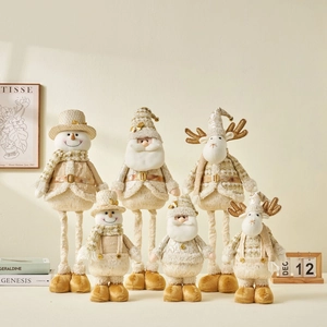 Christmas Ornament Plush Santa Snowman Reindeer Doll With Extendable Legs Champagne Gold White Home Tabletop Decoration