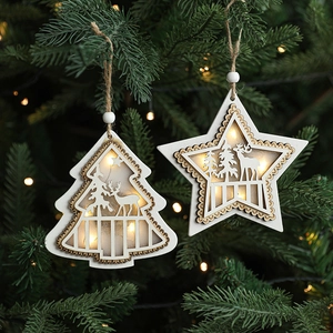 Christmas Wooden Hanging Ornaments With LED Light Star And Tree Shaped Hollow Deer Pattern Festive Holiday Home Decor