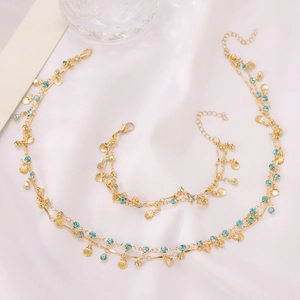 Golden shell fan pendant necklace and bracelet set with turquoise crystals