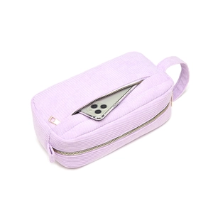 Portable light purple corduroy makeup bag with gold zippers and side handle for storage