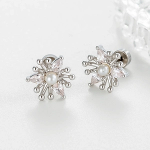 Flower Cartilage Stud Earring Titanium Steel Sparkling Zircon Rhombus Synthetic Artificial Pearl Threaded Flat Back Piercing Jewelry