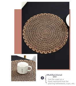 Detailed texture of round braided placemat featuring heat insulation and a white ceramic cup