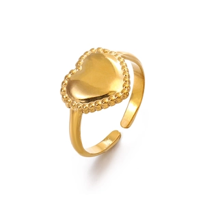Polished 18K gold plated heart shaped open ring with elegant beaded edge detailing