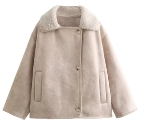 Detail of apricot suede jacket with plush faux fur lining and wide notched lapel collar