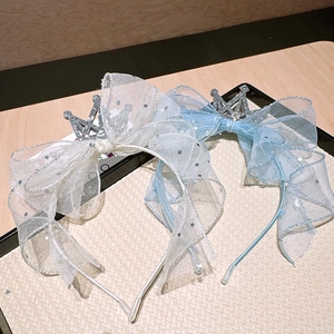 Girls' mesh bow headbands with silver star patterns and crown ornaments in white and blue