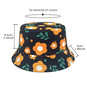 Chapeau bob noir pour enfants avec fleurs orange et guide des tailles, 52-54cm