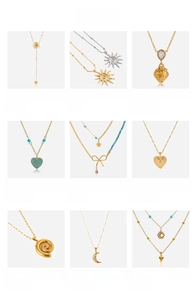 Collection de colliers en acier inoxydable doré 18 carats avec perles et pendentifs