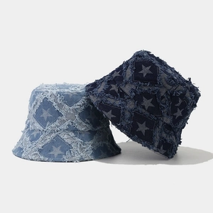 Denim star pattern bucket hats with frayed edges in light and dark blue shades