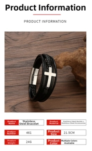 Detailed view of multilayer leather bracelet with cross charm and magnetic clasp