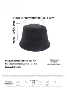 Especificaciones de talla y guía de lavado para el sombrero bucket de ante negro