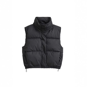 Fashionable black stand collar padded vest for women with adjustable drawstring hemline