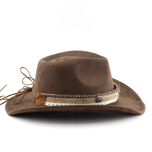 Detail of dark brown suede cowboy hat with braided rope band and metallic star accents